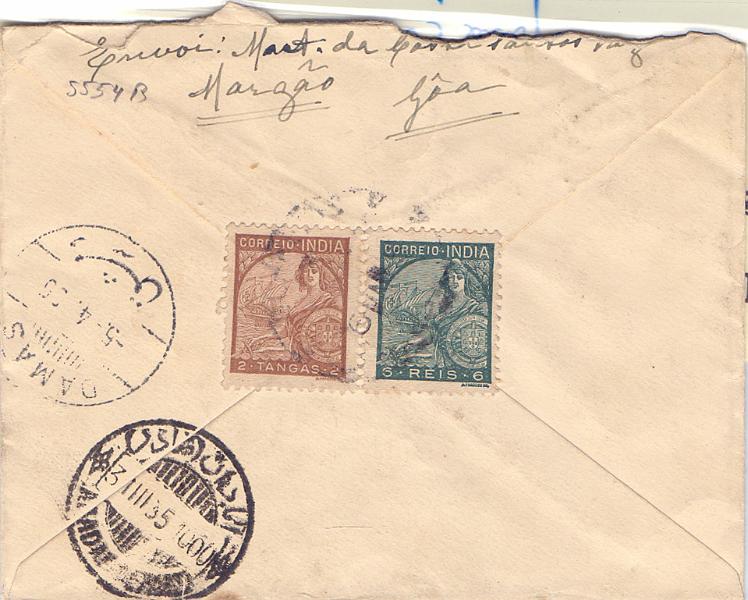 1189 v.jpg -     Lote:    1189 (verso)            Índia       Descrição:         1933 &mdash; Padrões. Sobrescrito circulado de Margão (05.03.35) para a Bélgica via Damasco (05.04.35), com selos de 6 reis CE336 e 2Tg CE340. Rara circulação.        Carta       Valor Base:     &euro; 35,00     Valor Venda:     Retirado     